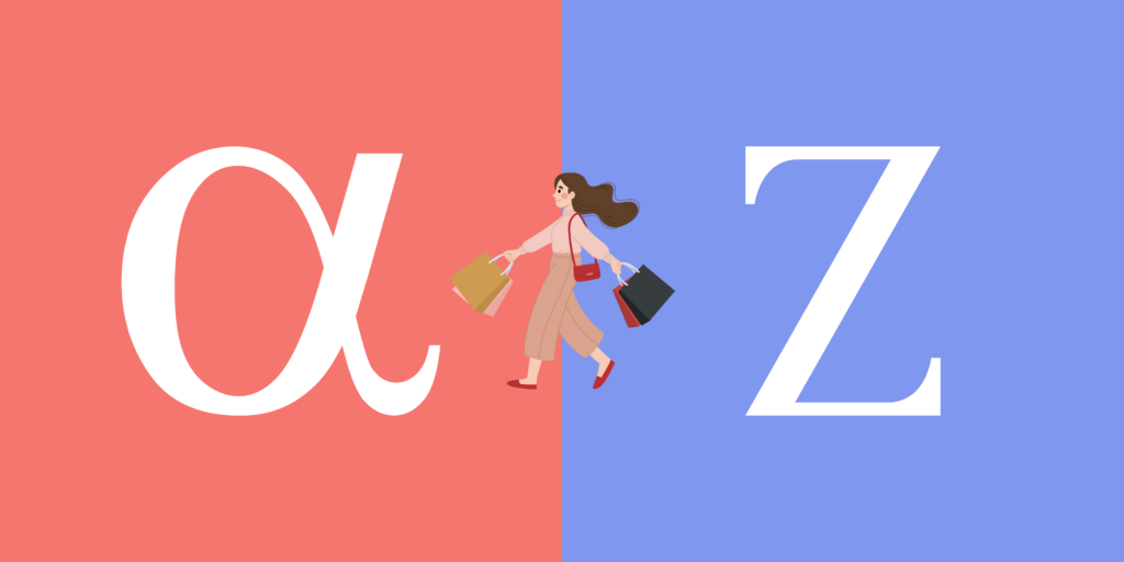 Gen Alpha vs Gen Z illustration — young woman with shopping bags walking between alpha and Z symbols