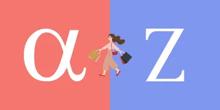 Gen Alpha vs Gen Z illustration — young woman with shopping bags walking between alpha and Z symbols